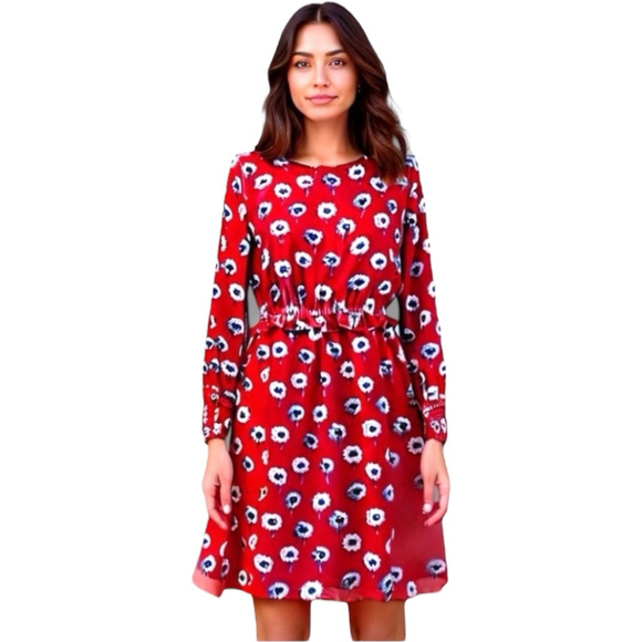 J. Crew Dresses & Skirts - J. Crew Red Dandelion Floral Long Sleeve Dress Fully Lined Women’s Size 2